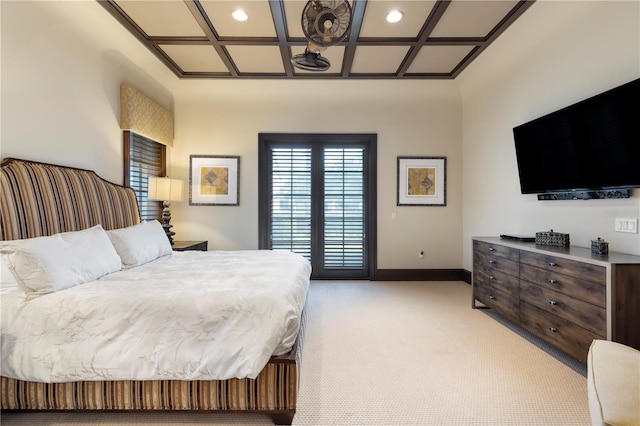 10138 Enchanted Oak Dr, Golden Oak, FL 32836 - bedroom featuring coffered ceiling, light colored carpet, and baseboards