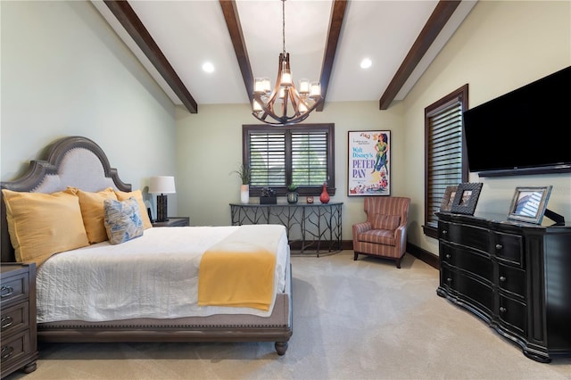 10138 Enchanted Oak Dr, Golden Oak, FL 32836 - bedroom featuring a chandelier, light carpet, baseboards, and beam ceiling