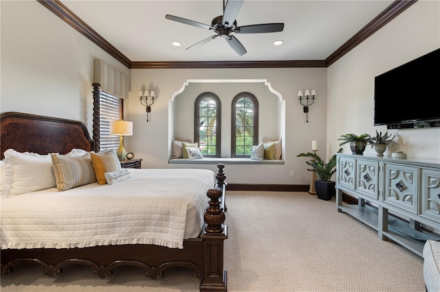 10138 Enchanted Oak Dr, Golden Oak, FL 32836 - carpeted bedroom with crown molding, baseboards, recessed lighting, and a ceiling fan