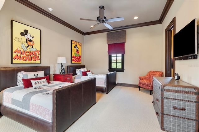 10138 Enchanted Oak Dr, Golden Oak, FL 32836 - bedroom featuring carpet, a ceiling fan, ornamental molding, recessed lighting, and baseboards