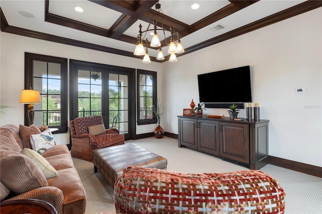 10138 Enchanted Oak Dr, Golden Oak, FL 32836 - living area with crown molding, visible vents, a chandelier, light carpet, and coffered ceiling