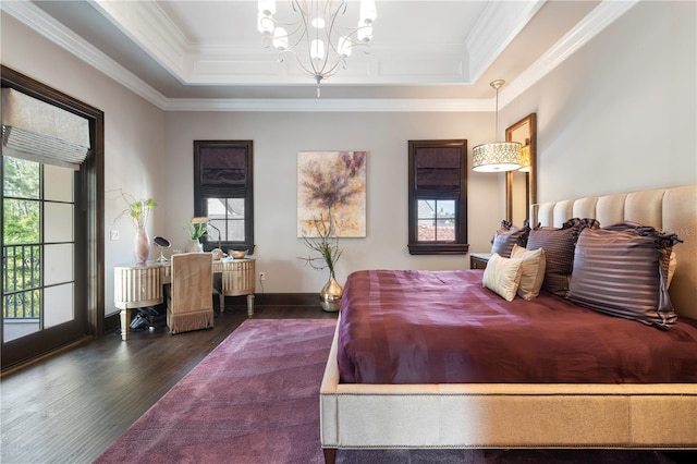 10138 Enchanted Oak Dr, Golden Oak, FL 32836 - bedroom with a notable chandelier, dark wood-style flooring, crown molding, and a raised ceiling