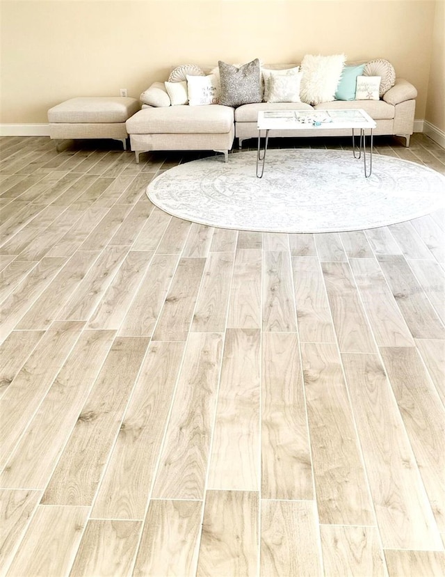 living room featuring wood finished floors and baseboards