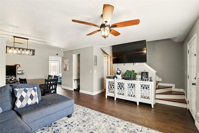 3251 Oak Lake Pl Unit 135, Winter Park, FL 32792 - living room with stairs, wood finished floors, baseboards, and a ceiling fan