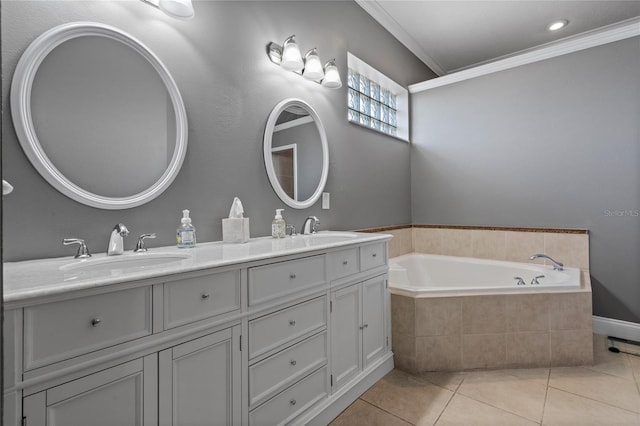 10662 Woodchase Cir, Orlando, FL 32836 - full bath featuring tile patterned floors, a sink, ornamental molding, and a garden tub