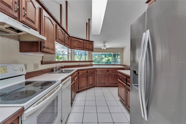 kitchen featuring a healthy amount of sunlight, a sink, under cabinet range hood, and white appliances
