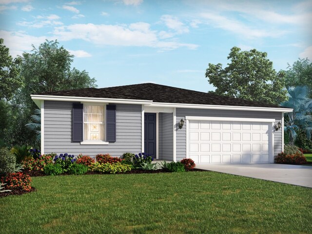 single story home featuring concrete driveway, a front lawn, and an attached garage
