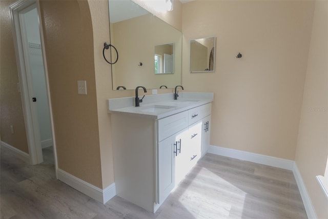full bath with wood finished floors, a sink, and double vanity