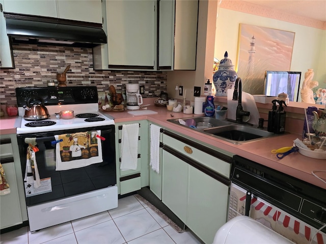 kitchen with range with electric stovetop, dishwasher, a sink, light countertops, and under cabinet range hood
