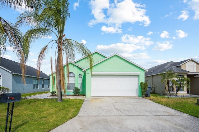 202 Aylesbury Ln, Davenport, FL 33837 - ranch-style home with concrete driveway, stucco siding, a front lawn, and a garage