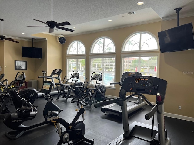11446 Jasper Kay Ter Unit 202, Windermere, FL 34786 - exercise room with a ceiling fan, a textured ceiling, crown molding, baseboards, and recessed lighting