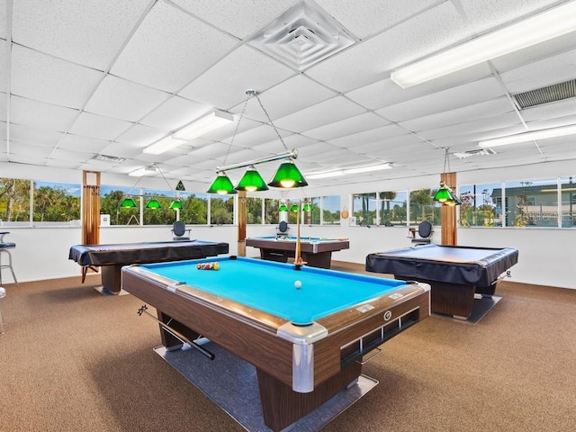 rec room with billiards table, carpet floors, and a drop ceiling