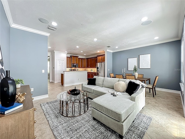 2240 Osprey Ave, Orlando, FL 32814 - living room featuring light tile patterned floors, recessed lighting, crown molding, and a textured ceiling