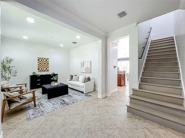 2240 Osprey Ave, Orlando, FL 32814 - living room featuring ornamental molding, stairway, recessed lighting, and light tile patterned floors