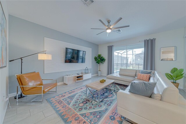 2760 Bookmark Dr, Kissimmee, FL 34746 - living room with light tile patterned floors, baseboards, visible vents, and a ceiling fan