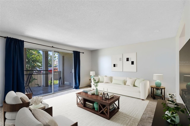 living area with carpet flooring and a textured ceiling