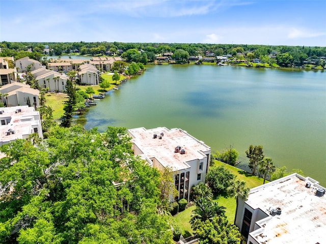 drone / aerial view featuring a water view