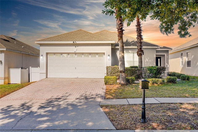 ranch-style home with stucco siding, an attached garage, and decorative driveway
