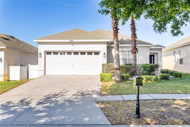 ranch-style house featuring stucco siding, an attached garage, decorative driveway, and a shingled roof