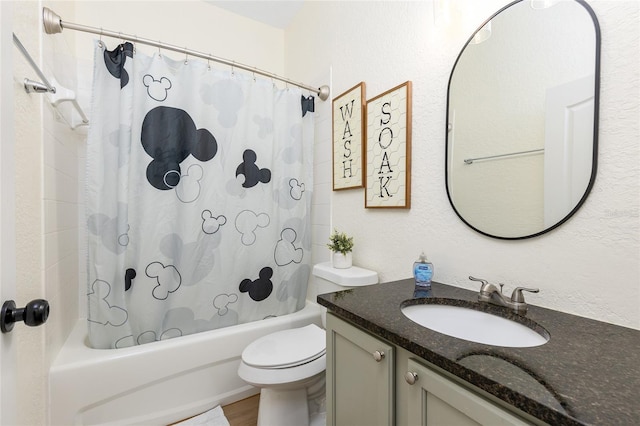 full bath with toilet, vanity, and shower / bathtub combination with curtain