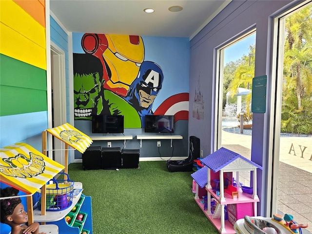 rec room featuring recessed lighting and carpet