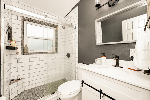 full bath featuring vanity, toilet, and a shower stall