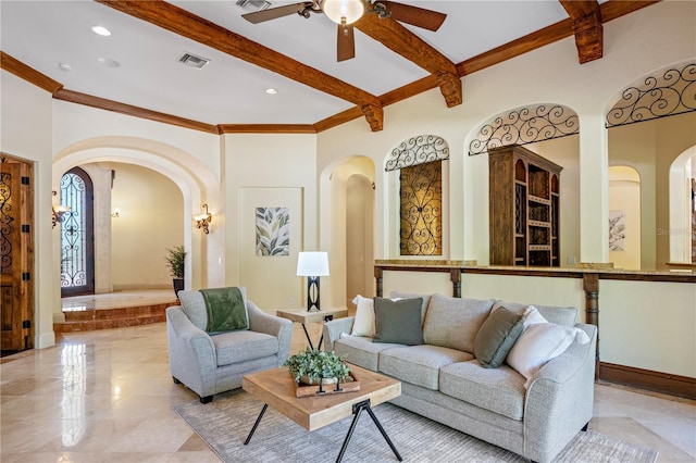 3412 Lilas Ct, Windermere, FL 34786 - living area with ornamental molding, a ceiling fan, visible vents, beamed ceiling, and arched walkways
