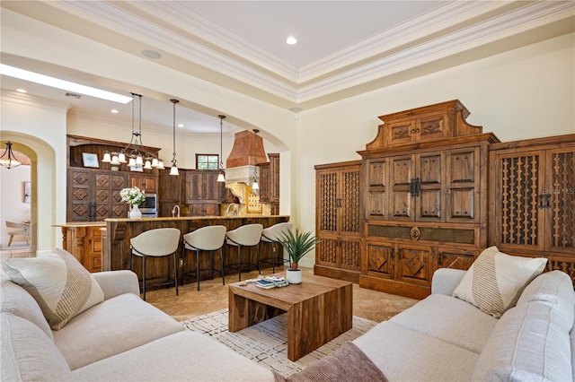 3412 Lilas Ct, Windermere, FL 34786 - living area with ornamental molding, recessed lighting, arched walkways, and visible vents
