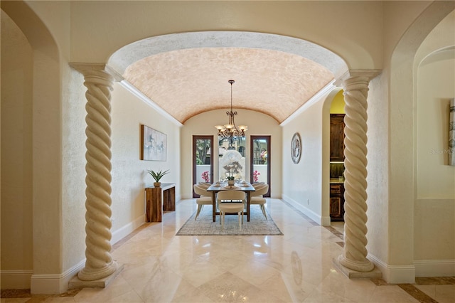 3412 Lilas Ct, Windermere, FL 34786 - dining room featuring decorative columns, arched walkways, and lofted ceiling