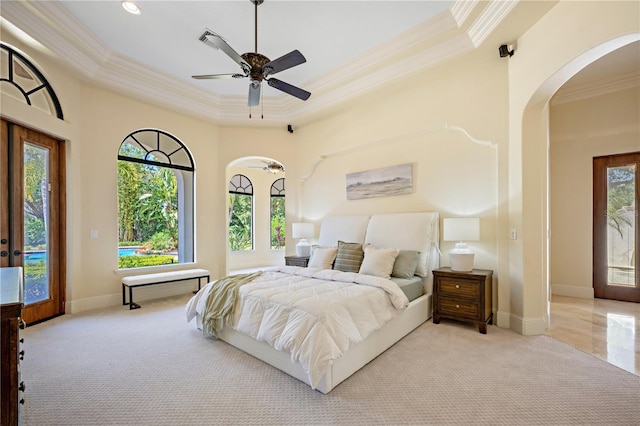 3412 Lilas Ct, Windermere, FL 34786 - bedroom with access to outside, carpet, arched walkways, ornamental molding, and baseboards