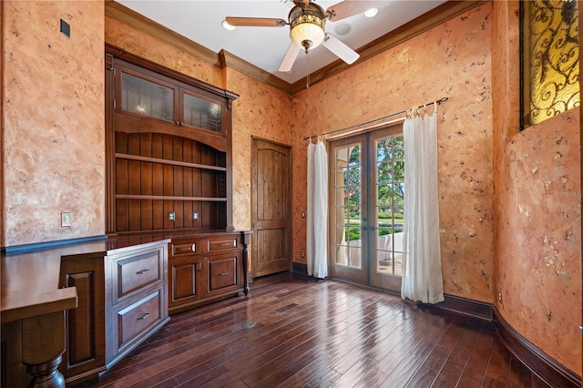 3412 Lilas Ct, Windermere, FL 34786 - unfurnished office with a ceiling fan, dark wood finished floors, ornamental molding, and built in shelves