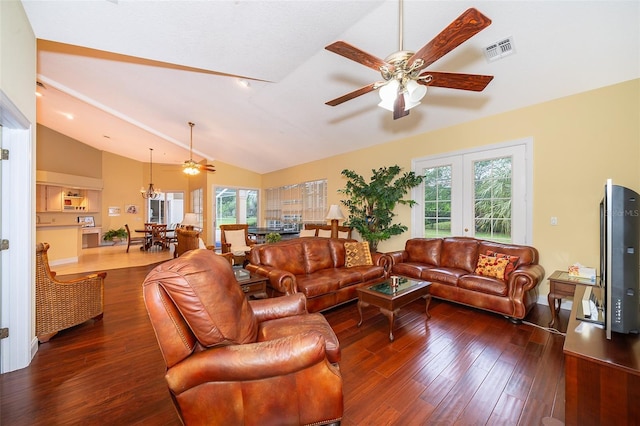 1709 Iverness Ct, Longwood, FL 32779 - living area with visible vents, wood finished floors, ceiling fan, and vaulted ceiling