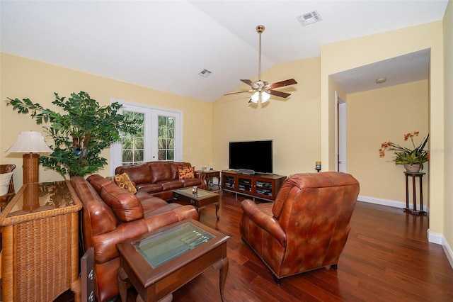 1709 Iverness Ct, Longwood, FL 32779 - living area featuring visible vents, a ceiling fan, wood finished floors, and vaulted ceiling