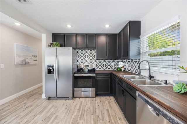 kitchen featuring backsplash, wood counters, a sink, and stainless steel appliances