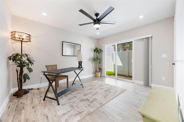 office with baseboards, light wood-type flooring, ceiling fan, and recessed lighting