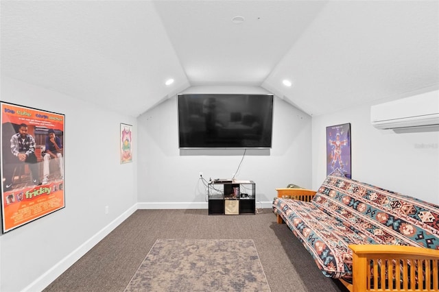 living area featuring vaulted ceiling, a wall mounted AC, carpet floors, baseboards, and recessed lighting