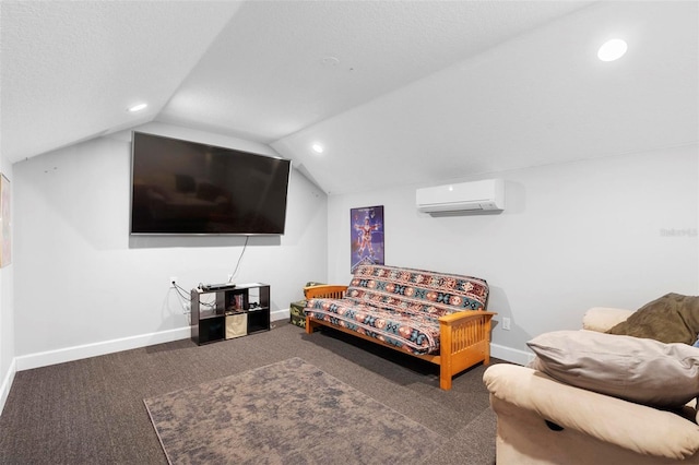 carpeted living room with vaulted ceiling, recessed lighting, baseboards, a textured ceiling, and a wall mounted air conditioner
