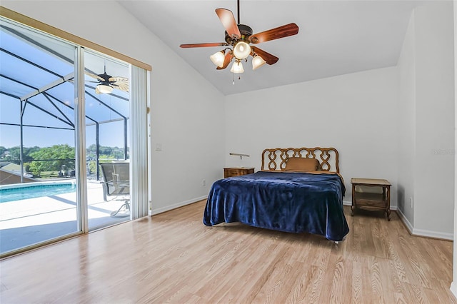 7606 Fordham Creek Ln, Orlando, FL 32818 - bedroom with lofted ceiling, a sunroom, light wood-style flooring, access to exterior, and ceiling fan