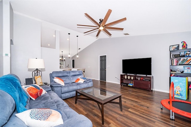living area with baseboards, dark wood-type flooring, visible vents, lofted ceiling, and ceiling fan
