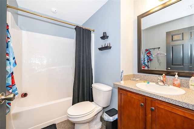 bathroom with tile patterned floors, toilet, shower / bathtub combination with curtain, and vanity