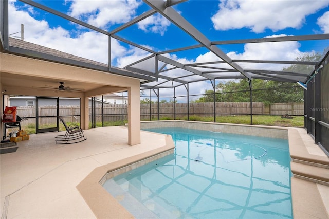 view of swimming pool featuring a patio area, a fenced backyard, a fenced in pool, and a lanai