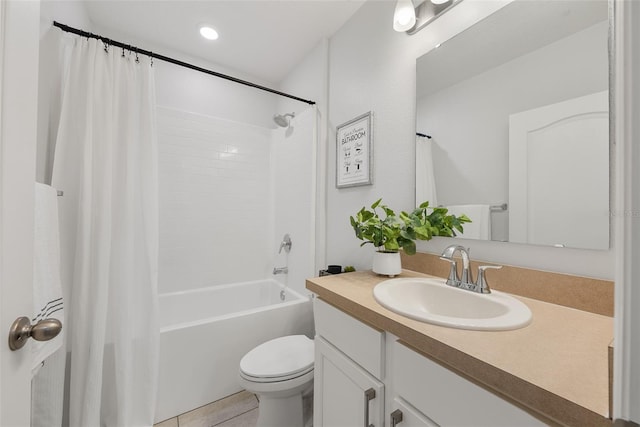 bathroom featuring shower / bath combo, tile patterned flooring, toilet, and vanity