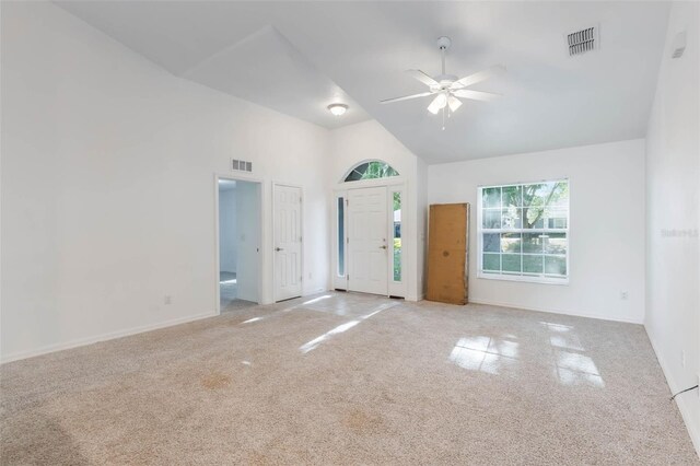 205 Lori Ct, Umatilla, FL 32784 - interior space with high vaulted ceiling, visible vents, baseboards, and a ceiling fan