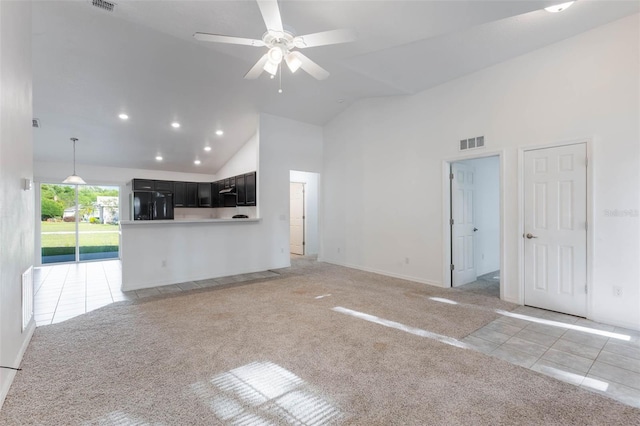 205 Lori Ct, Umatilla, FL 32784 - unfurnished living room with high vaulted ceiling, recessed lighting, light carpet, and ceiling fan