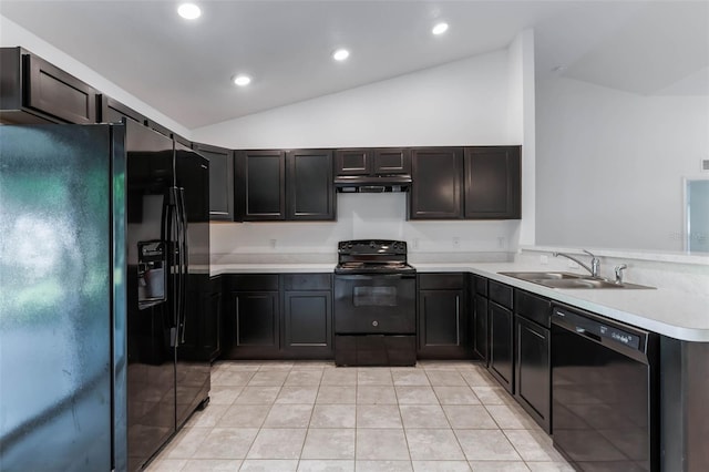 205 Lori Ct, Umatilla, FL 32784 - kitchen featuring light countertops, light tile patterned flooring, black appliances, lofted ceiling, and a sink