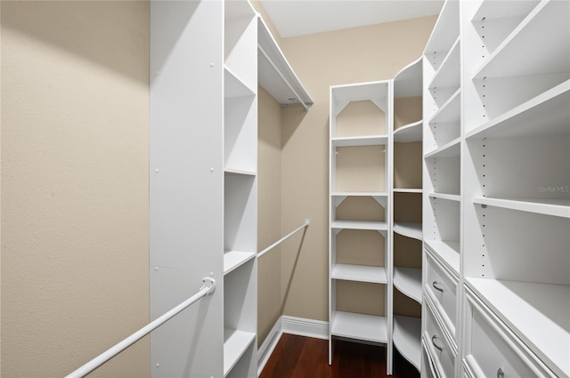 spacious closet with dark wood-style floors
