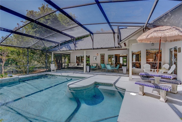 outdoor pool featuring an outdoor living space, a patio, and glass enclosure
