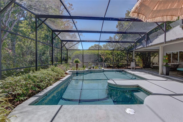 outdoor pool featuring a lanai and a patio area