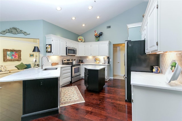 kitchen featuring a peninsula, visible vents, a sink, stainless steel appliances, and dark wood-style floors