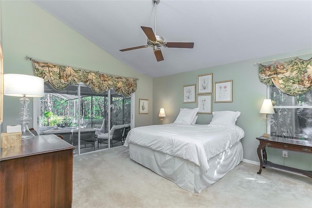 bedroom with access to outside, light colored carpet, ceiling fan, and lofted ceiling